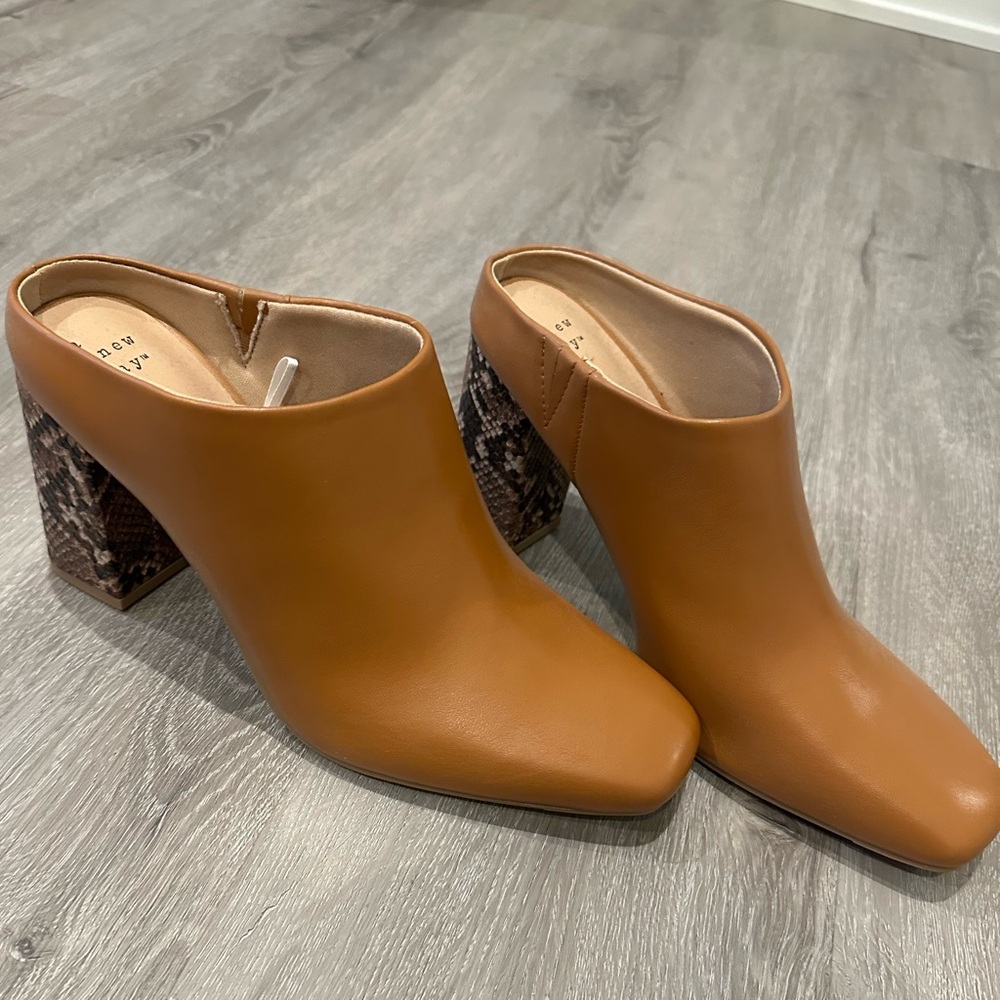 a new day Tan Mules with Snake Print Heel